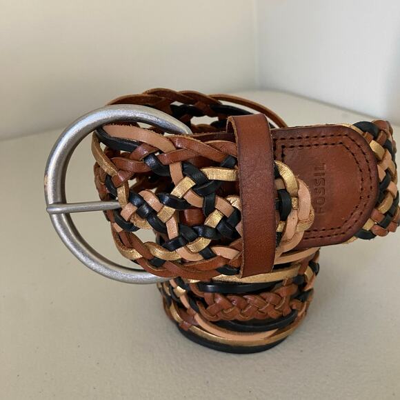 Fossil Tricolor Brown Black Gold Braided Leather O-Ring Silver Buckle Belt Small - Picture 1 of 6